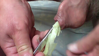 Amateur Gay'S Foreskin Stretched To The Limit With Spring Onion And Scissors